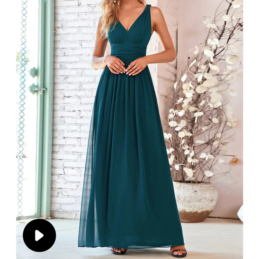 Ever-Pretty Elegant A Line V Neck Teal Maxi Dress